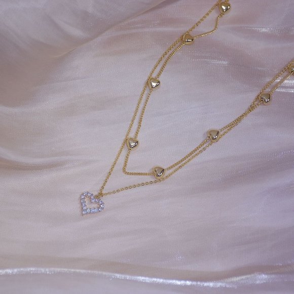 NEW 14k Gold Plated Diamond Heart Layer Necklace - Picture 3 of 7